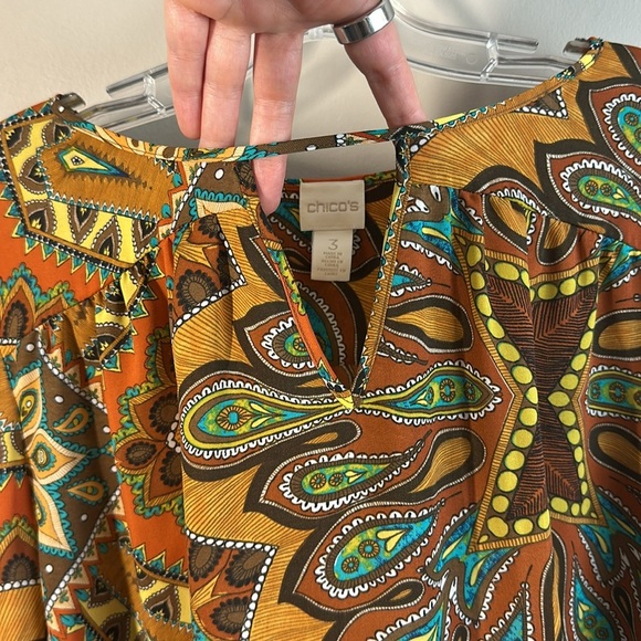 Chico's Womens Multicolor Paisley Blouse Sz 3/XL Medallion Print Bishop Sleeve - Picture 13 of 15